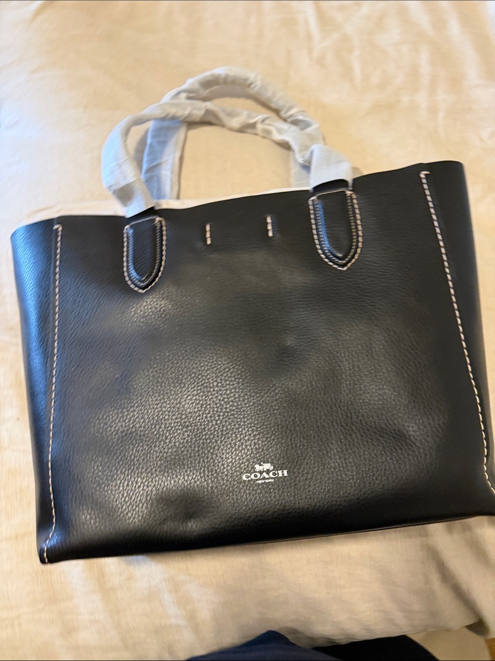 COACH Black Leather Tote with White Contrast Stitching